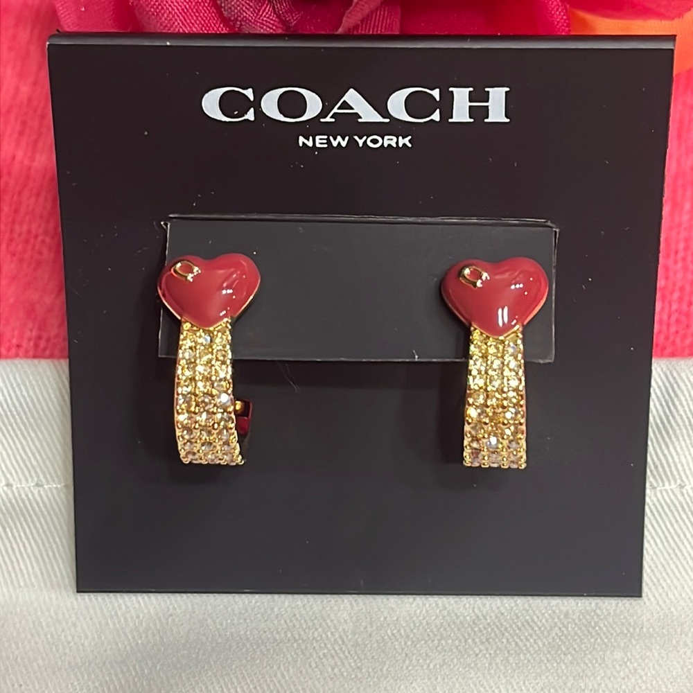 Coach Shooting Heart Enamel Pave Huggie Earrings Romantic NWT
